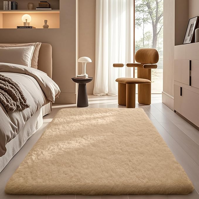 Ophanie Beige Rugs for Bedroom Living Room, Fluffy Fuzzy Furry Carpet, Plush by Ophanie