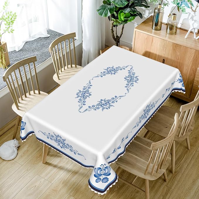 60x84inches Blue Floral Rectangle Tablecloth Blue and White Porcelain - Image 5