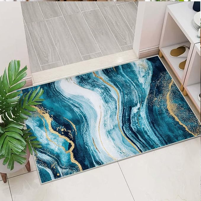 2x3 Abstract Entryway Area Rug Blue White Golden Bathroom Rug Non Slip Machine - Image 2