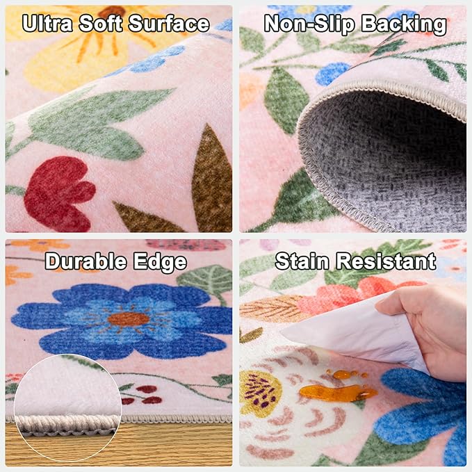 Entryway Rug 2X3 Small Rugs: Floral Washable Door Mat Vintage Soft Low Pile - Image 7
