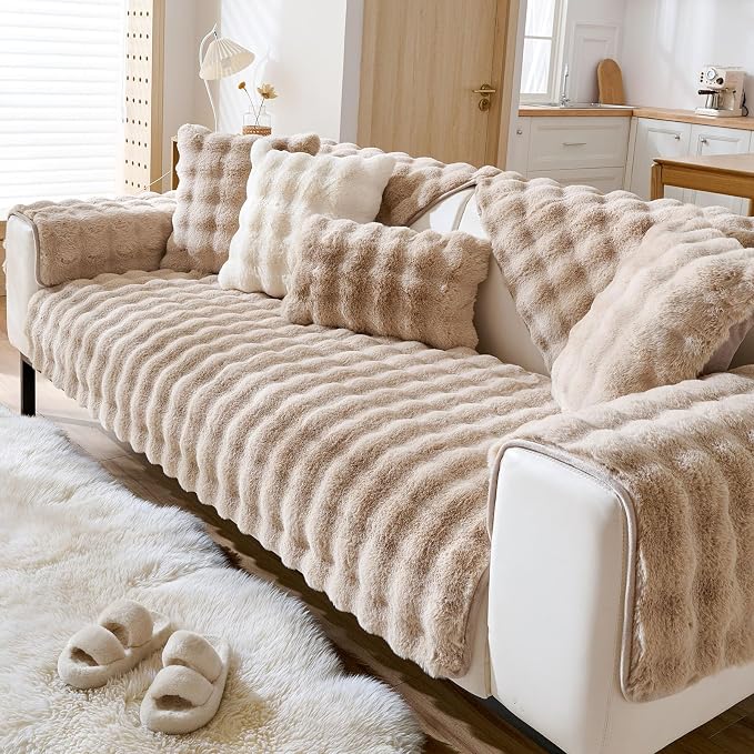 Faux Fur Armrest Cover Backrest Cover Fuzzy Plush Thick Bubble Sofa Cover - Image 4