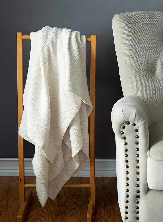 Sticky Toffee Cotton Throw Blanket, 60 x 50 Inch, Ivory Cream Herringbone Weave - Image 3