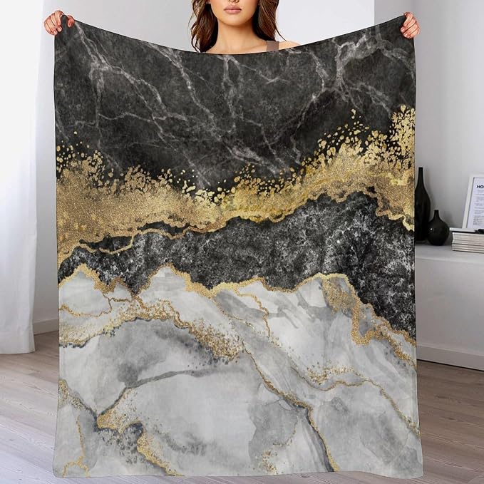 Modern Marble Blanket, Abstract Luxury Baroque Golden Black White Stone Veins - Image 5