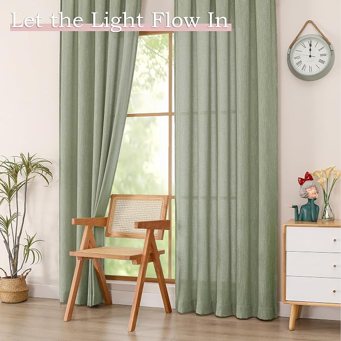 Simplebrand Sage Green Short Faux Linen Textured Cafe Kitchen Curtains 36 Inch - Image 4