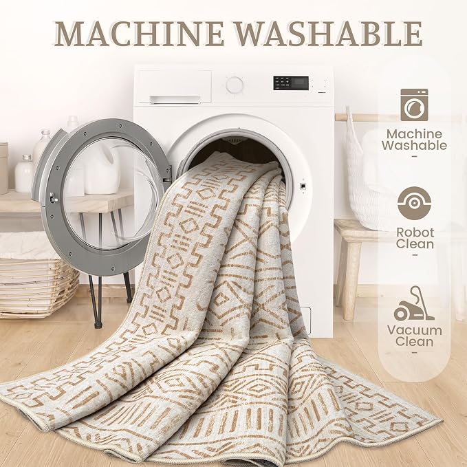 5x7 Area Rug Living Room: Washable Boho Geometric Moroccan Rug Neutral Modern - Image 3