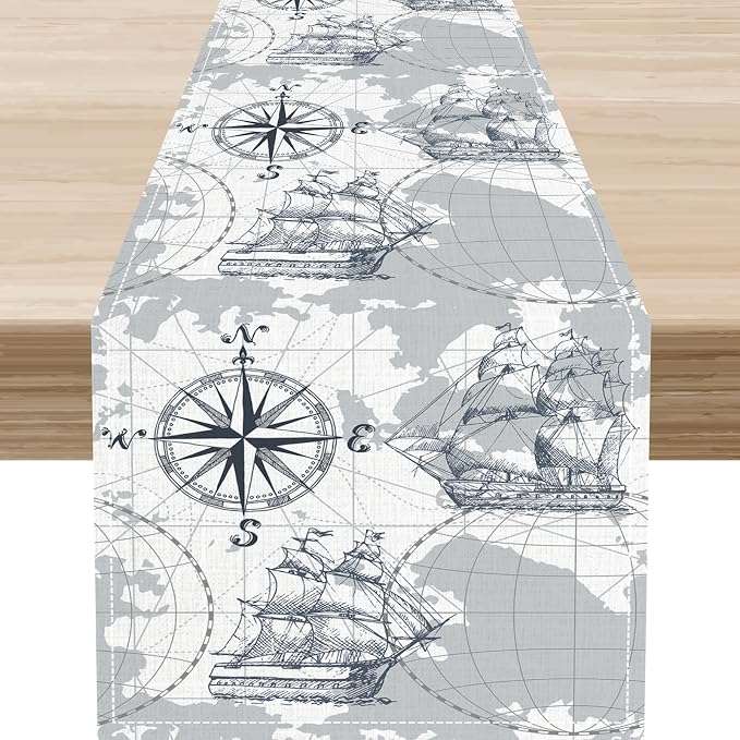 Nautical Table Runner, Retro Coastal Treasure Map Sailing Ship Compass by Unknown
