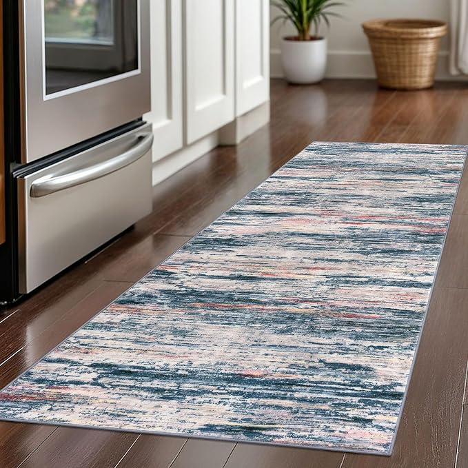 2x5 Modern Abstract Runner Rug for Hallway, Teal Blue Peach Gray Multi Super - Image 2