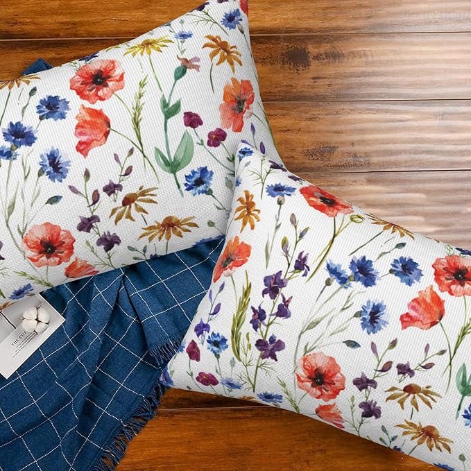 Wildflowers Throw Pillow Covers Set of 2 Watercolor Poppy Pillow Covers 20x12 - Image 7