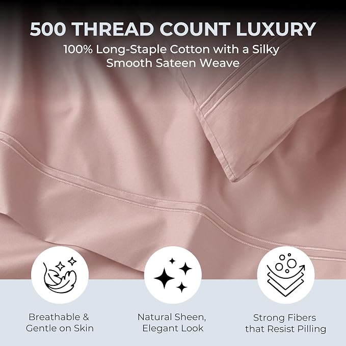 100% Natural Cotton Bed Sheets | 500 TC Single-Ply Sateen Weave Twin XL Sheets - Image 2