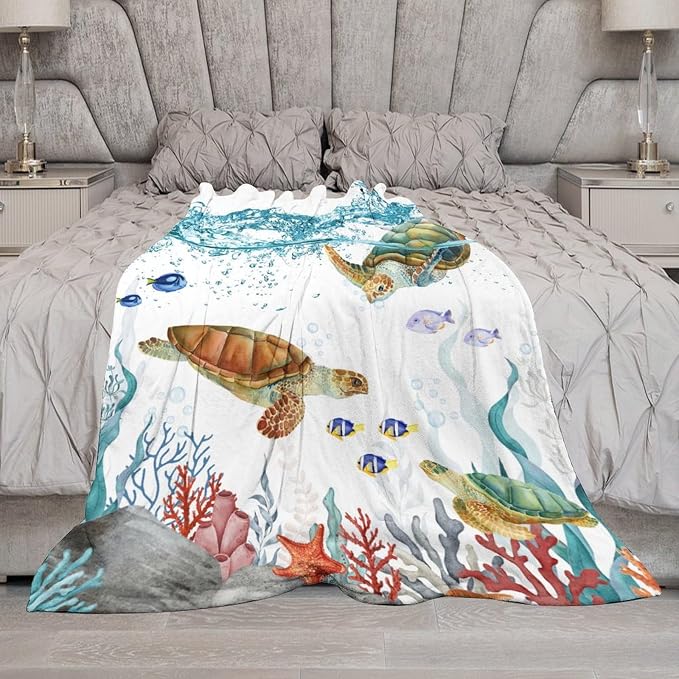 Sea Turtle Throw Blanket, Teal Blue Ocean Underwater Animal Starfish Fish - Image 7