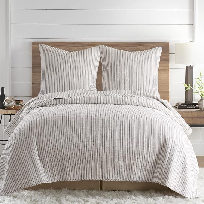 Levtex Home - Tobago Stripe Taupe - Quilted Taupe and White Shams Set of Two - Image 2