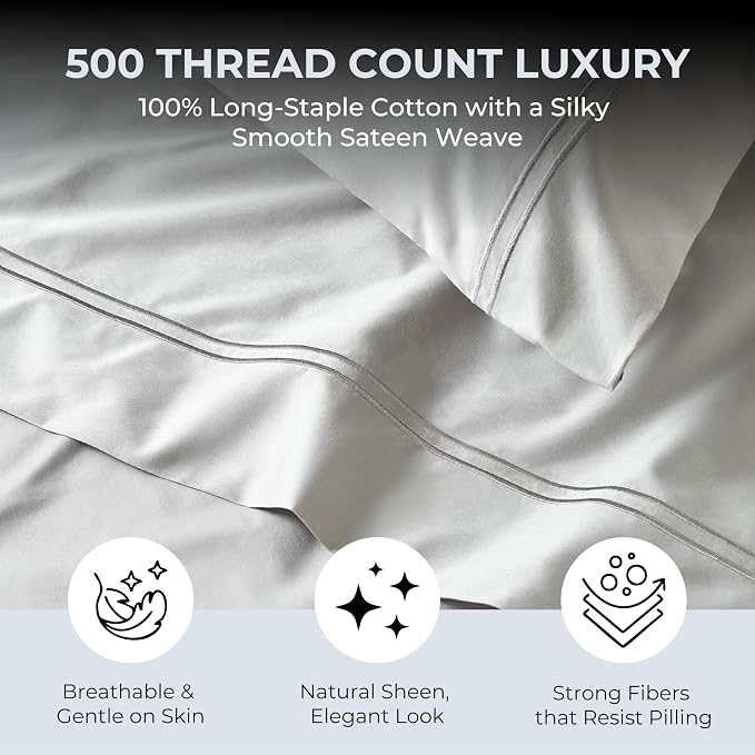 100% Natural Cotton Bed Sheets | 500 TC Single-Ply Sateen Weave Twin Sheets Set - Image 2