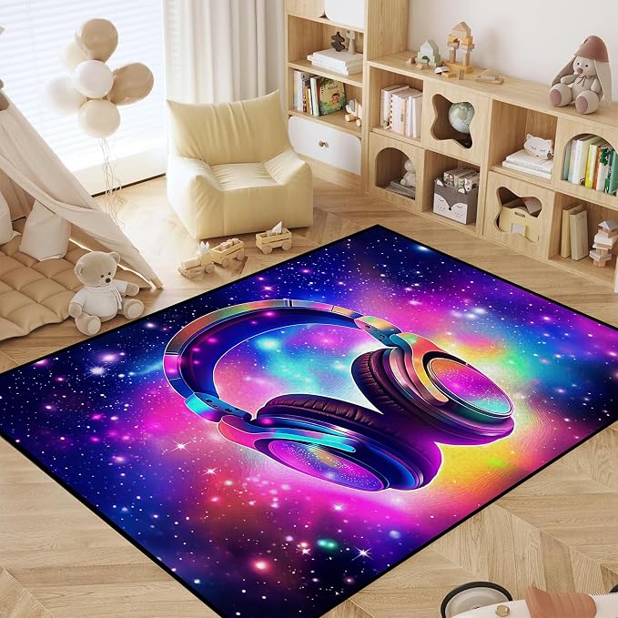 Galaxy Game Area Rug Music Headphone Rugs Colorful Throw Rug Non-Slip Carpet - Image 8
