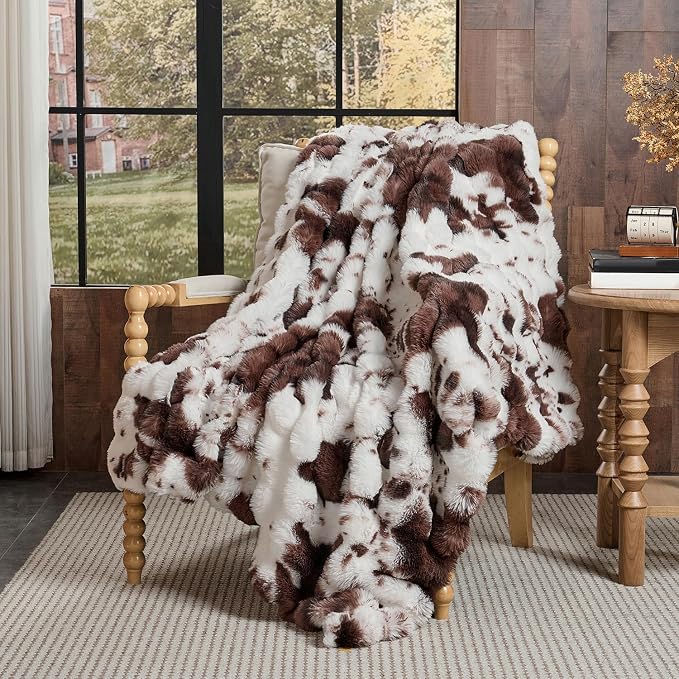 Lotus Karen Faux Fur Throw Blanket Cow Print-Dark Brown, Fluffy Fuzzy Plush by LotusKaren