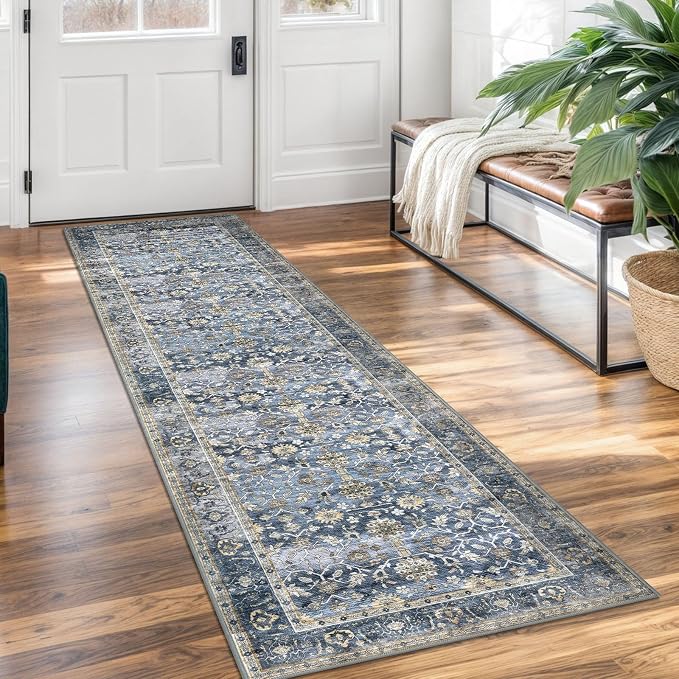 KUTA Vintage Washable Runner Rug, 2x7 Blue Grey Beige Runners by KUTA