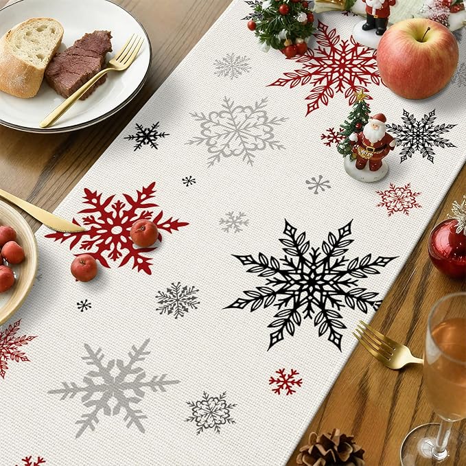 OTOSTAR Snowflakes and Red Snowman Christmas Table Runner, Xmas Seasonal Winter - Image 3