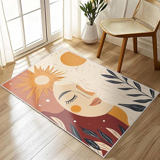 2x3 Sun and Moon Entryway Area Rug Beige Yellow Bathroom Rug Non Slip Machine - Image 3