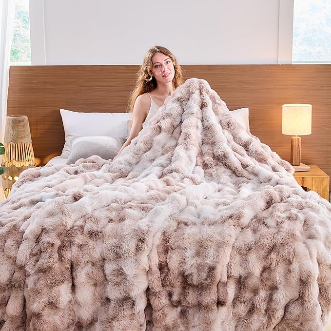 Lotus Karen Faux Fur Throw Blanket Tie-Dye Beige - Image 4