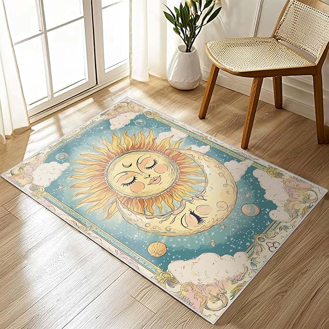 2x3 Sun and Moon Entryway Area Rug Blue Yellow Hippie Celestial Bathroom Rug - Image 3
