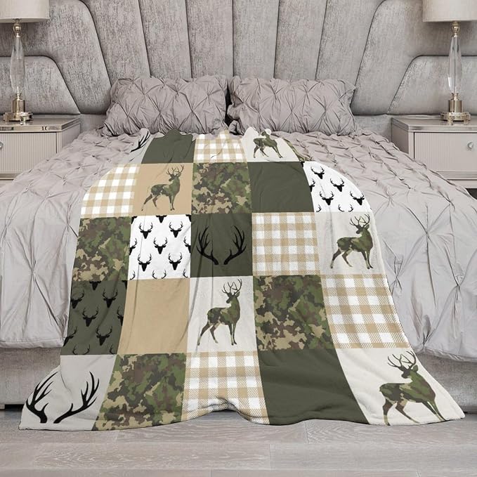 Camouflage Deer Blanket, Vintage Camo Green Beige Plaid Rustic Cabin Wildlife - Image 7