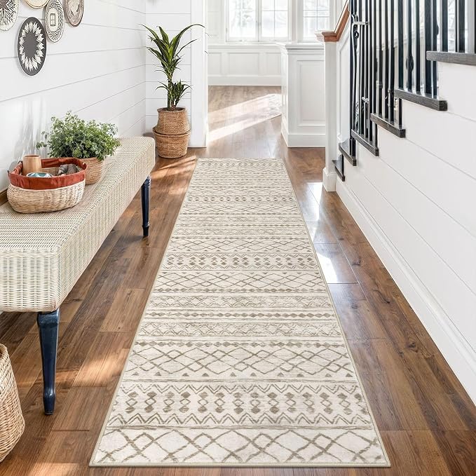 KUTA Boho Runners for Hallways 2x7 Beige Navy Blue Moroccan Washable Runner Rug - Image 3