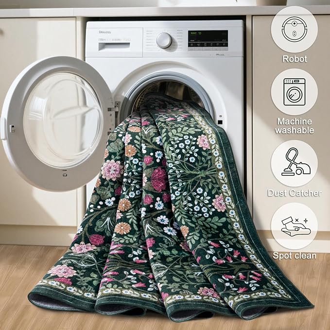 Entryway Rug 2X3 Small Rugs: Floral Washable Door Mat Vintage Soft Low Pile - Image 6