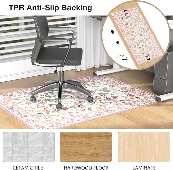 40"x50" Pink Floral Office Chair Rug, Under Desk Rugs - Image 3