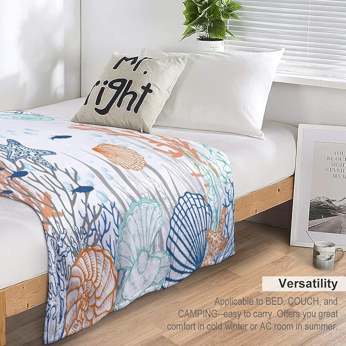Nautical Coastal Blanket, Starfish Seashell Coral Beach Themed Drapes Ocean - Image 5