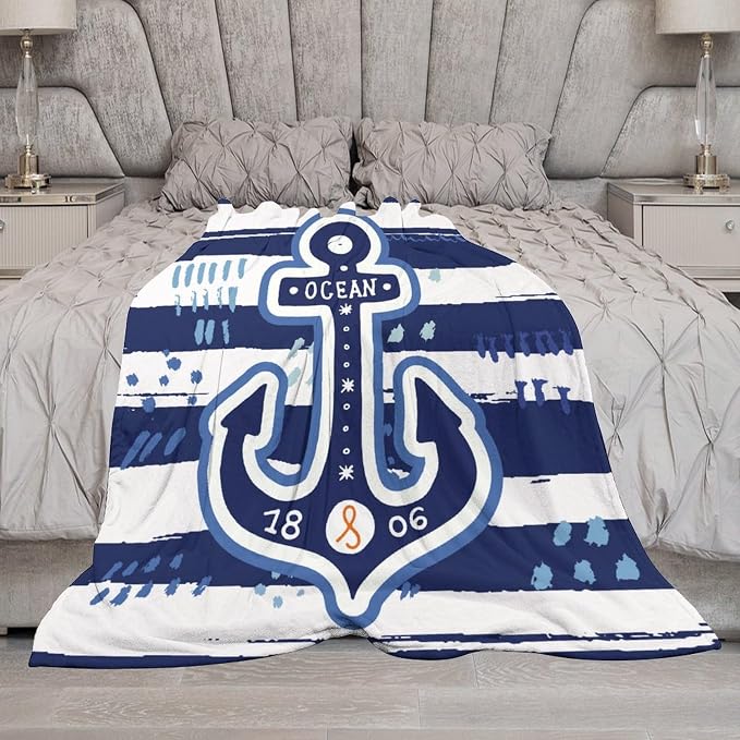Nautical Anchor Blanket Modern Cartoon Anchor Ocean Adventure Blue White Soft - Image 5