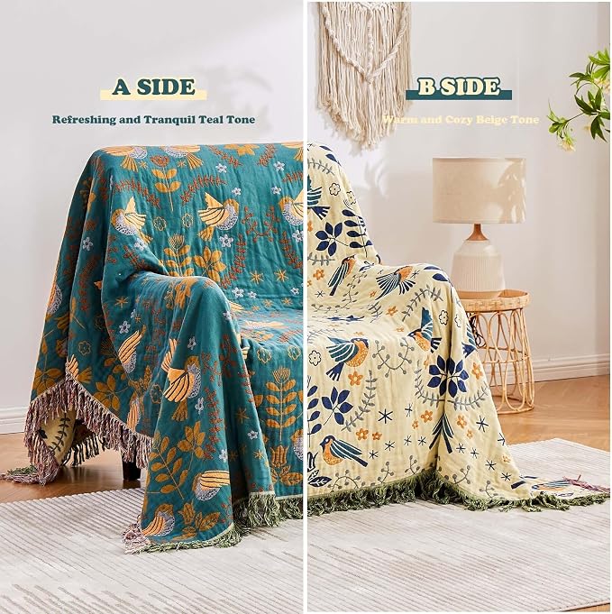 Yellow Boho Throw Blanket, 100% Cotton Blankets - Image 2