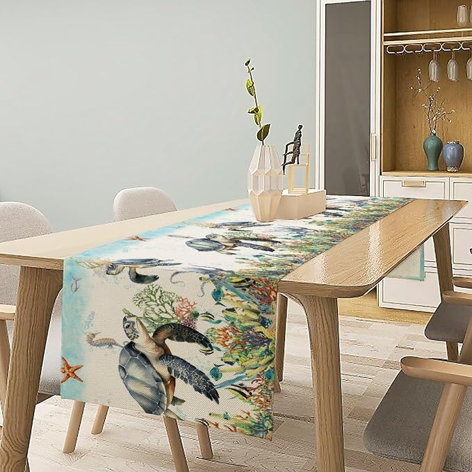 Ocean Animals Sea Turtle Table Runner Underwater Life Octopus Starfish Seaweed - Image 2