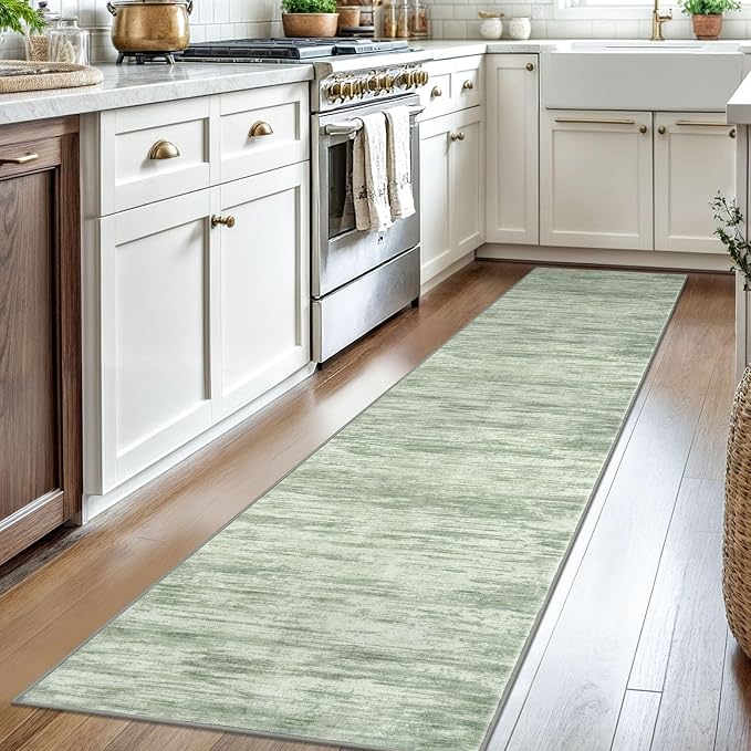 2x8 Modern Abstract Runner Rug for Hallways, Light Sage Green and Ivory Super - Image 2