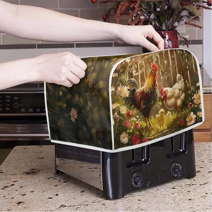 Chicken Rooster Flower Toaster Cover 4 Slice Wide Slot, Washable Kitchen - Image 3