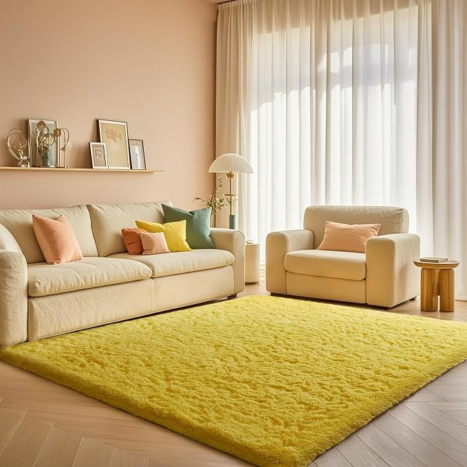 Ophanie Yellow Rugs for Living Room Bedroom, 5x8 Fluffy Fuzzy Furry Carpet by Ophanie