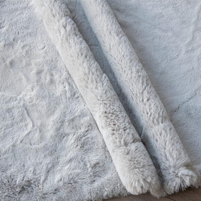 Grey Washable Fluffy Round Rugs 6ft Faux Bunny Fur Rugs - Image 9