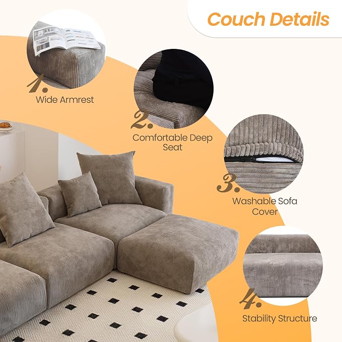 JACH Modern Sectional Couch Sofa, Corduroy Modular Sectional Couch - Image 3