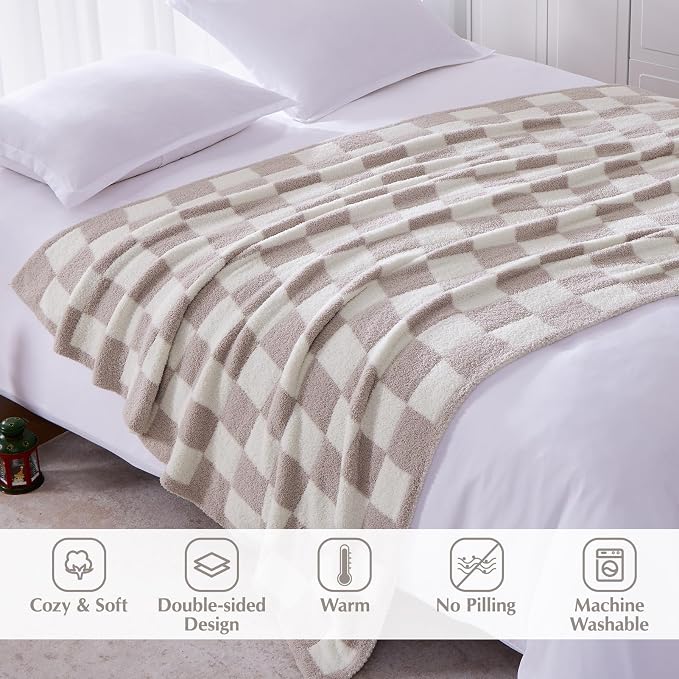 WRENSONGE Checkered Throw Blanket, Taupe Soft Cozy Fluffy Warm Hand Made Throw - Image 2