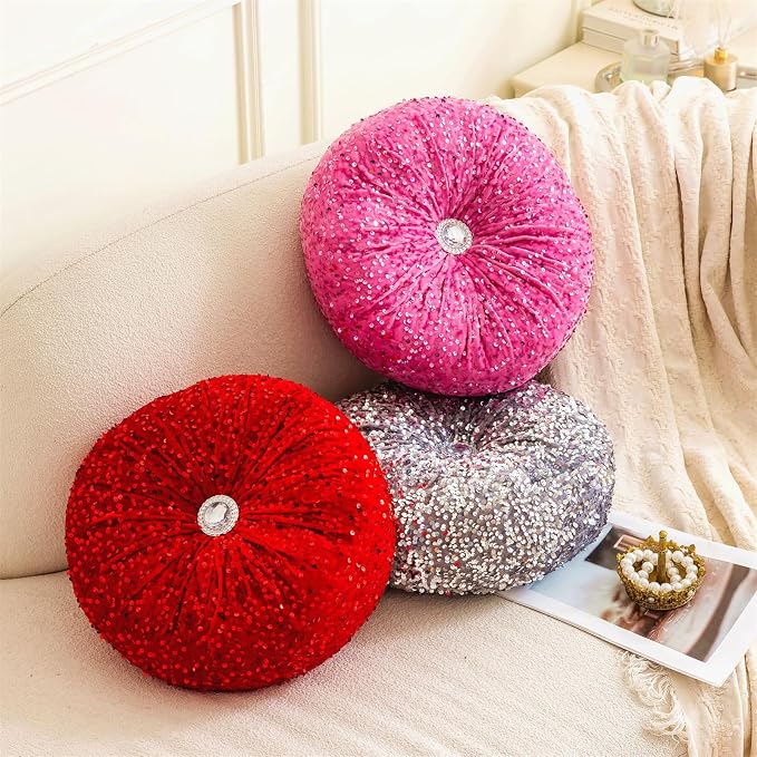 Round Throw Pillow, 13.7" Soft Glitter Sequin Pleated Pumpkin Decorative Round - Image 4