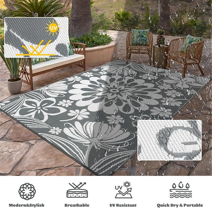 Ileading Outdoor Plastic Straw Rug 9x12ft Funny Floral Style Reversible Patio - Image 4