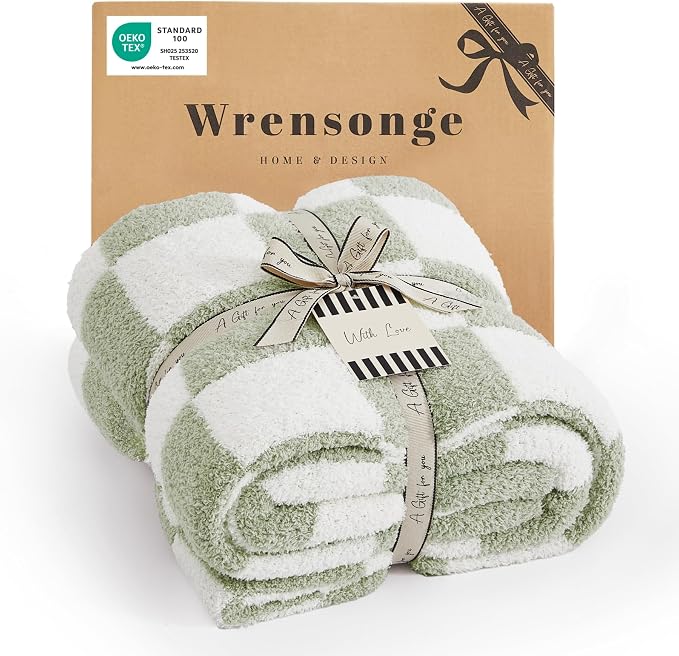 WRENSONGE Checkered Throw Blanket, Sage Green Soft Cozy Fluffy Hand Made Throw by WRENSONGE