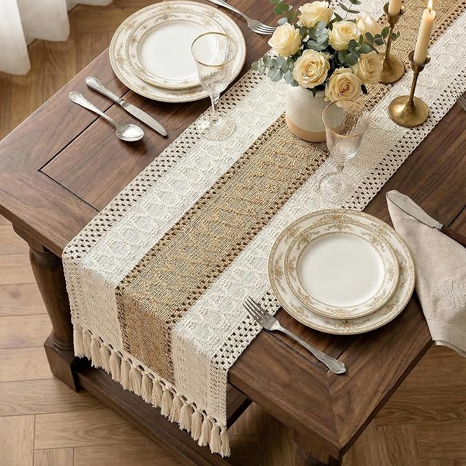 Boho Macrame Table Runner with Tassels Farmhouse Rustic Dining Woven Table - Image 2