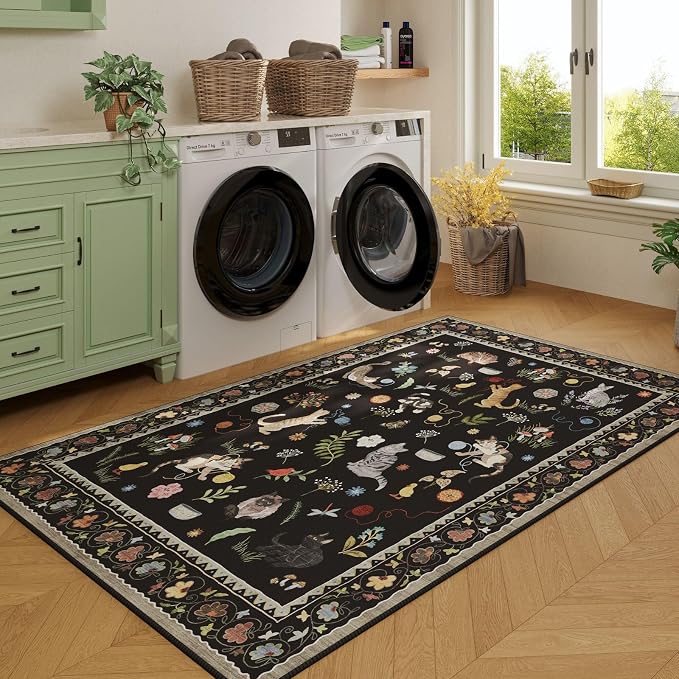 Rugcomf Area Rug 4x6 Rug Washable Boho Rugs Non Slip Low Pile Floral Animal Cat - Image 4