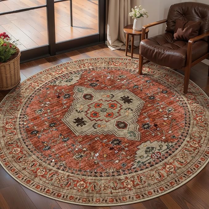 Tangsoo Round Rug 4ft Washable Circle Rug, Vintage Non Slip Small Boho Round Rug by Tangsoo