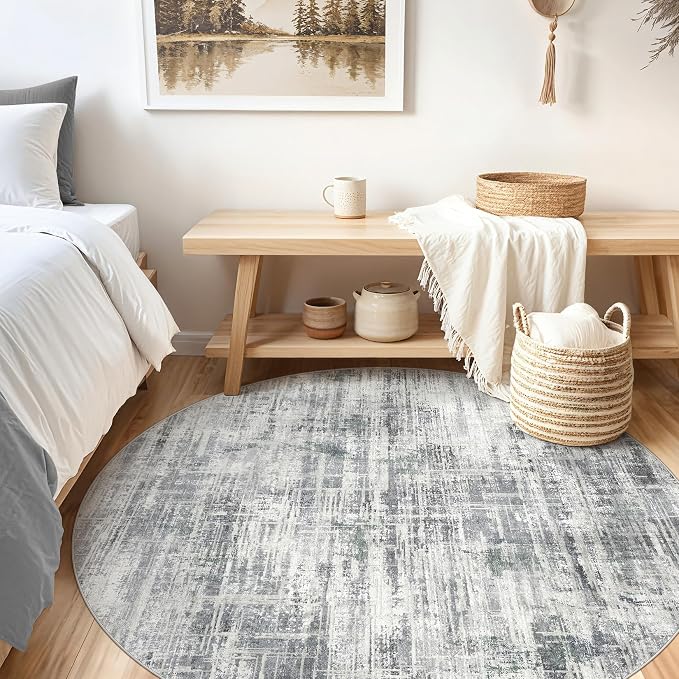 6ft Round Area Rug for Living Room: 6x6 Washable Neutral Abstract Modern Soft - Image 2