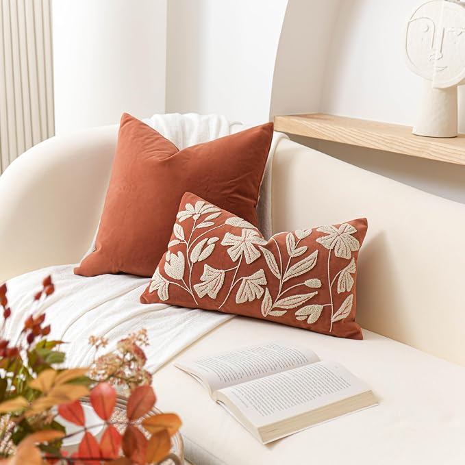 BlissBlush Fall Throw Pillow Cover 12x20, Rust Brick Red Soft Velvet Floral - Image 9