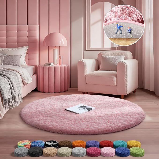 Ophanie Pink Round Rug for Bedroom Girls, Kids Fluffy Kawaii Fuzzy Shag Circle by Ophanie