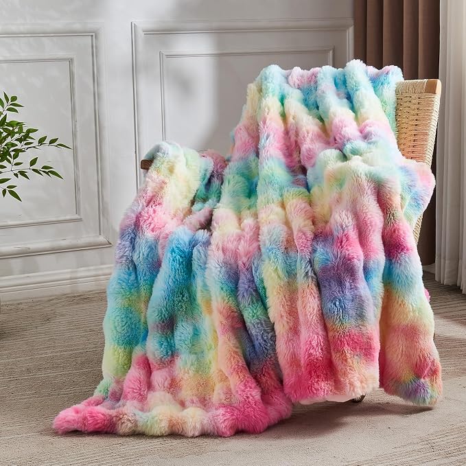 Lotus Karen Faux Fur Throw Blanket Rainbow - Image 4