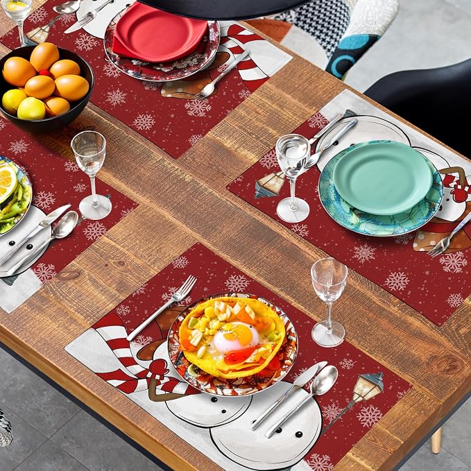 Red Snowman Snowflake Christmas Placemats Set of 4 Seasonal Winter Linen Table - Image 7