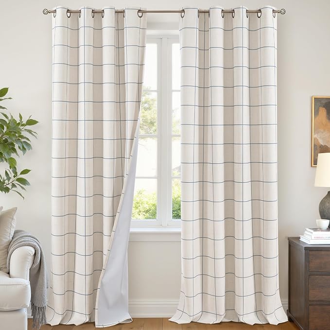 Navy Blue Plaid Curtains Pattern Printed 90 Inches Long by Lajode