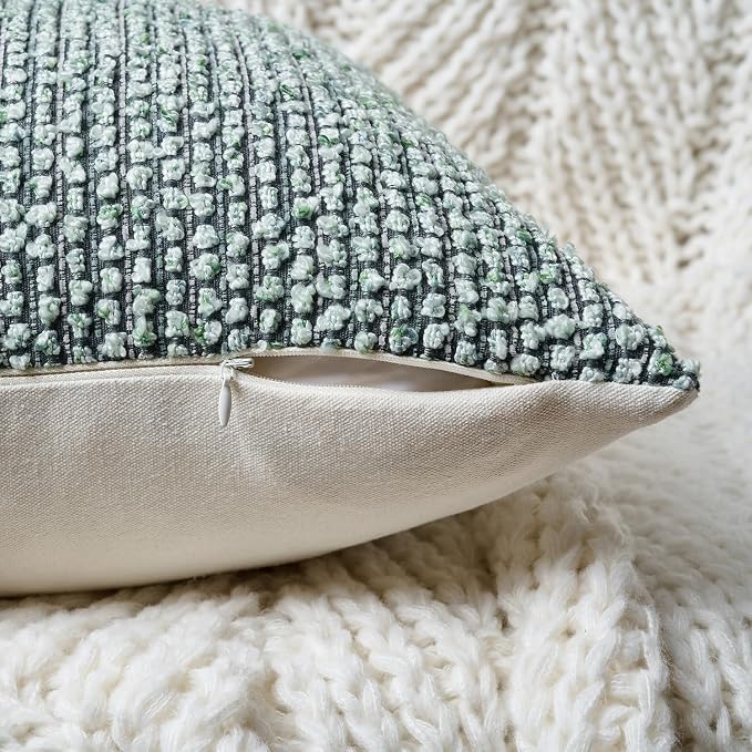 Striped Throw Pillow Covers 16x16 Set of 2 Green Textured Boucle Chic Morden - Image 3